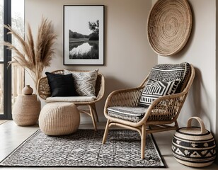 Bohemian Chic Living Room Interior with Rattan Furniture and Woven Decor