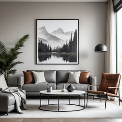 Fototapeta premium Modern Living Room Interior with Grey Sofa, Mountain View Artwork, and Leather Armchair