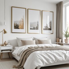 Serene Bedroom Interior with Triptych Landscape Prints