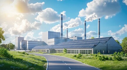 Sustainable factory with solar panels, roadside, sunny day