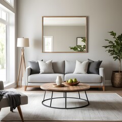 Modern Living Room Interior Design with Light Grey Sofa and Wooden Coffee Table