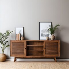 Modern Wooden Cabinet with Plants and Artwork in Minimalist Interior
