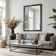 Modern Living Room Interior with Grey Sofa, Flowers, and Mirror