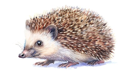 Cute hedgehog illustration in a hand-drawn watercolor technique with pastel tones, depicted in a fun, textured crayon style, set against a simple white background. 8k UHD, suitable for high-quality 
