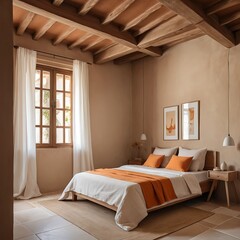Fototapeta premium Modern Minimalist Bedroom with Wooden Beams and Orange Accents