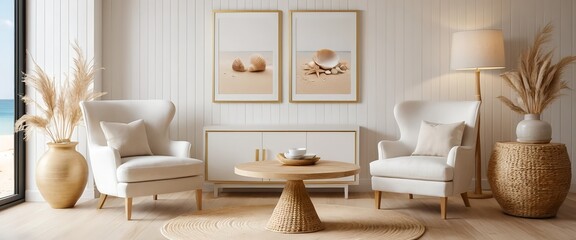 Coastal Living Room Interior Design with White Armchairs and Seashell Decor