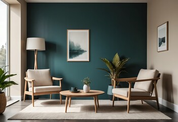 Modern Living Room Interior with Teal Accent Wall