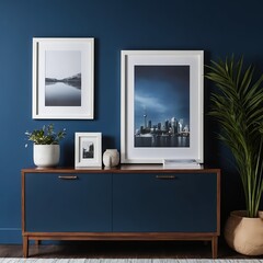 Modern Living Room Interior with Blue Cabinet and Cityscape Artwork