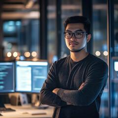 Fototapeta premium Tech professional working late at modern office urban night setting digital lifestyle concept