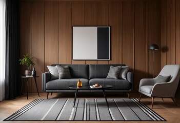 Modern Living Room Interior with Dark Sofa and Wooden Wall