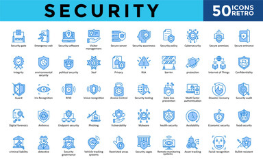Security icons set with security gate, emergency exit, security software, visitor management, secure server, security awareness, security policy, cybersecurity icon. Simple retro vector 
