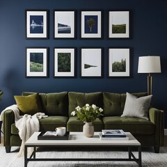 Modern Living Room Interior with Green Velvet Sofa and Framed Nature Prints