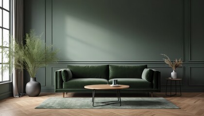 Modern Green Living Room Interior with Velvet Sofa and Wooden Coffee Table