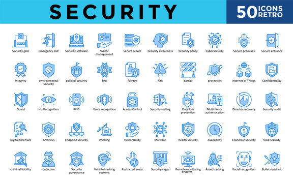 Security icons set with security gate, emergency exit, security software, visitor management, secure server, security awareness, security policy, cybersecurity icon. Simple retro vector 
