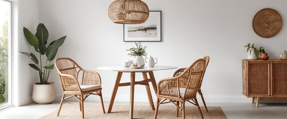 Cozy Bohemian Dining Room Interior with Rattan Furniture