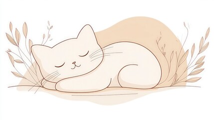Cute Sleeping Cat Illustration  Minimalist Pet Art  Cozy Kitten  Beige  Floral Design
