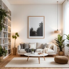 Cozy Modern Living Room Interior with Plants and Bookshelf