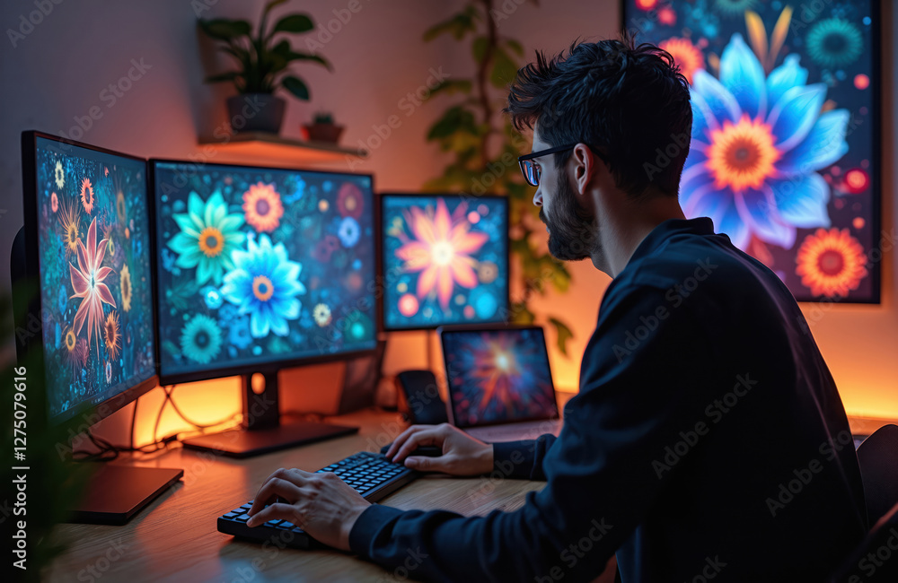 Poster man works at computer. designer creates eye catching design with generative ai at home. workplace wi