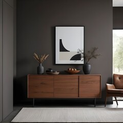 Modern Minimalist Living Room Interior with Wooden Sideboard