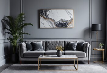 Stylish Gray Velvet Sofa in Modern Gray Living Room