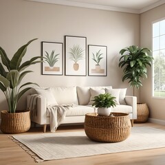 Cozy Living Room with Neutral Decor and Houseplants