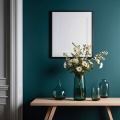 Modern Teal Room Interior with Flowers and Glass Vases