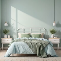 Serene Mint Green Bedroom Interior with White Metal Bed Frame
