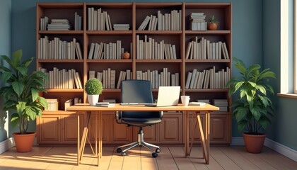 Illustration of office room for zoom virtual background. Bookcase interior with books, potted plants, wooden desk, laptop, cup, chair. Clean pro home workspace for remote work, telecommuting. Meeting