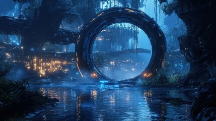 Futuristic Cityscape Portal in a Dark Lush Forest