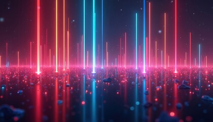 Abstract neon illustration with glowing colorful vertical lines. Generative AI wallpaper for tech banner presentation. Digital futuristic spectrum graphic background with vibrant electric led beams,