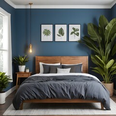 Modern Bedroom Interior with Blue Walls, Wooden Bed, and Tropical Plants