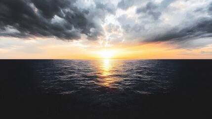 Obraz premium Dramatic Ocean Sunset Golden Hour Seascape Cloudy Sky Water Reflection