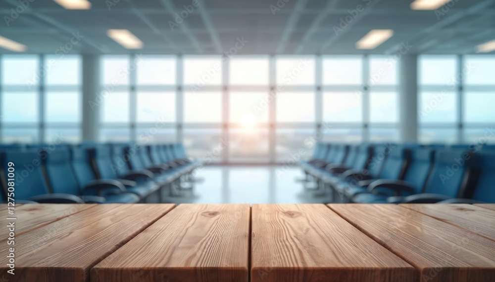 Poster empty wooden table against abstract blur airport interior. background with blue chairs, sunlight thr