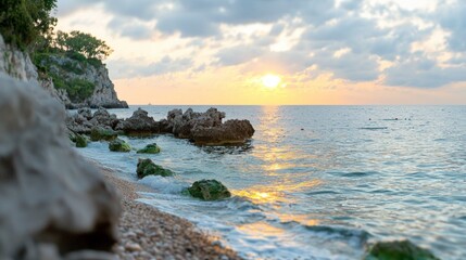 Seascape Sunrise  Rocky Coastline  Ocean Waves  Golden Hour