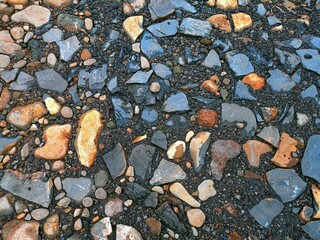 The texture of the cobblestone road with a combination of black and brown rocks, gives a natural and rough impression