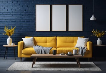 Modern Yellow Sofa in Dark Blue Brick Room Interior