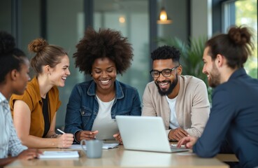 Group of diverse young business people sitting at desk looking at laptop screen. Coworkers collaborate, discuss project plan. Brainstorming team work, share ideas in modern office.