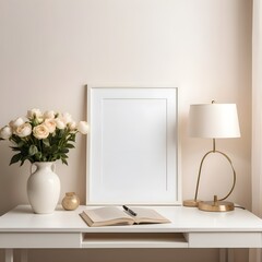 Fototapeta premium Elegant Home Office Desk Setup with Mockup Frame