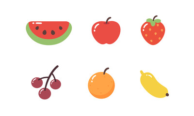 Group of fruits - watermelon, apple, strawberry, cherry, orange, and banana in cute jelly style.
