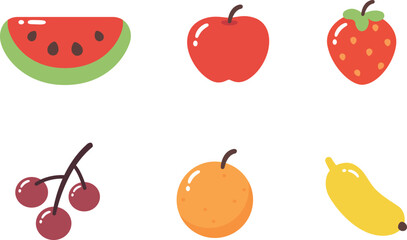 Group of fruits - watermelon, apple, strawberry, cherry, orange, and banana in cute jelly style.