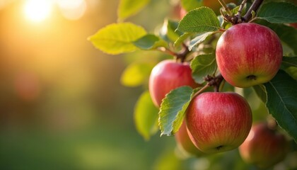 Obraz premium Red apples on tree branch, orchard. Fresh tasty fruits hanging in apple garden. Healthy food concept, vitamins, antioxidants. Autumn harvest in bright sunlight with copy space.