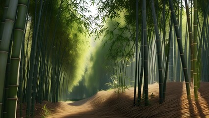 Fototapeta premium A serene bamboo grove swaying gently in the soft, warm breeze, with sunlight filtering through the dense foliage, casting dappled shadows on the forest floor, and highlighting the subtle nodes and del