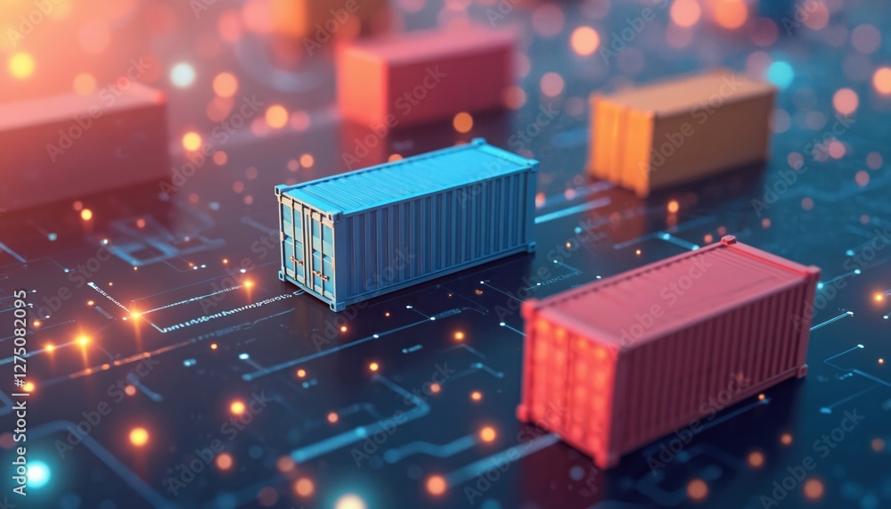 Poster colorful shipping containers on circuit board linked by digital network lines. supply chain manageme