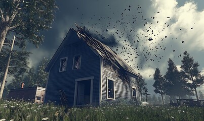 Damaged house storm scene, rural, disaster, nature