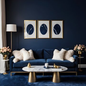 Modern Blue Velvet Living Room Interior with Gold Accents