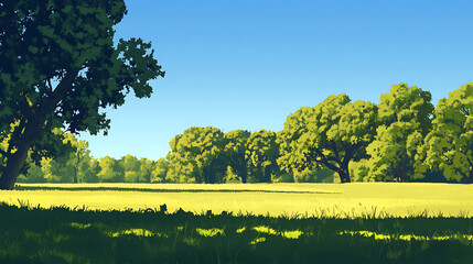 Fototapeta premium Lush green field with vibrant trees under a clear blue sky on a sunny day, perfect nature landscape with peaceful outdoor scenery.