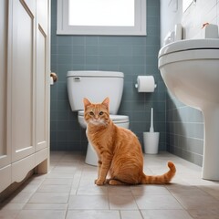 Ginger Cat Sitting in Modern Bathroom