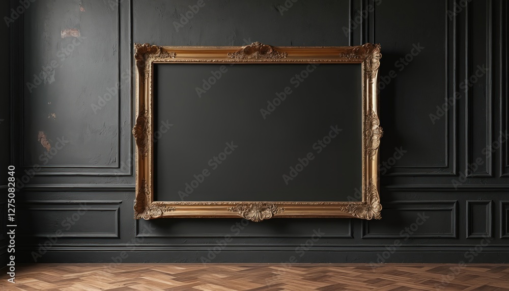 Poster large empty rectangular painting in gold frame hangs on black wall in room with parquet floor. desig
