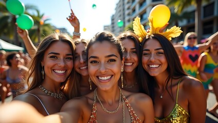 Fototapeta premium Girls taking selfie at street party parade, brazilian carnaval. Group of Brazilian friends in costume celebrating