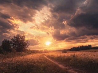 Serene Tobacco Field at Sunset with Dramatic Sky and Pathway